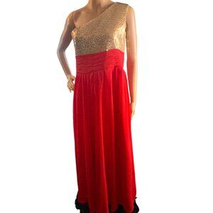 One Shoulder Sequin Chiffon Floor Length Formal Dress‎ Size 14 NWT Red Gold